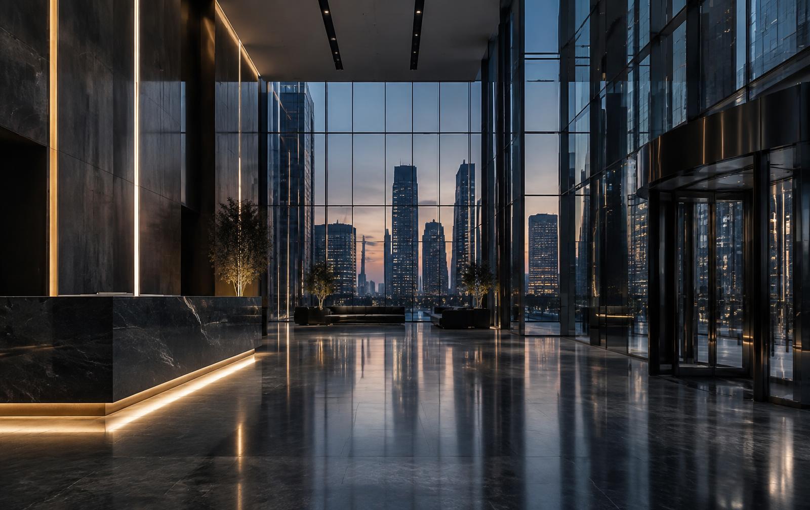 Commercial office building lobby at dusk